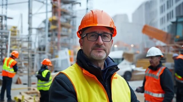 Construction worker, focused look, urban setting, safety gear, worksite scene, photo for stock
