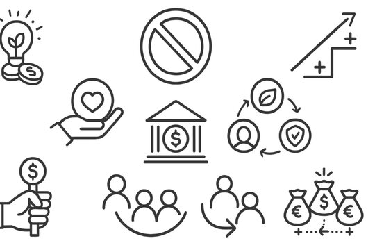 Impact Investing Icons. Line style icons of impact investing strategies: thematic investing icon, negative screening badge,