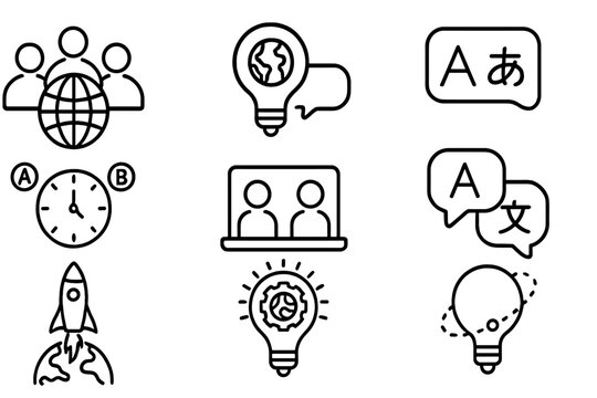 Cross-Border Collaboration Icons. Line style icons of cross-border collaboration: global team icon, international idea post,