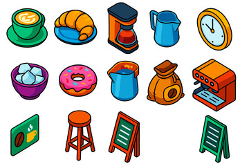Bold Coffee Shop Icons. Isometric vector illustration set Coffee shop essentials: cappuccino cup, croissant on plate, drip coffee