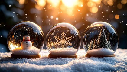 Hanging glass spheres filled with delicate winter scenes, snowmen and snowflakes inside, magical Christmas decoration photo