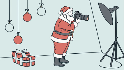 A festive character holding a camera setting up a photo with holiday decorations and gifts.