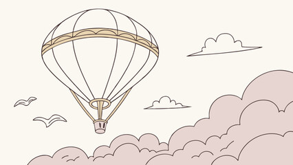 A hot air balloon floating through clouds whimsical illustration.