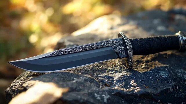 Ornate Black Steel Dagger Resting on a Mossy Rock in Autumn Forest.