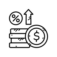 Black and White Icon Representing Financial Growth Stack of Coins With Upward Arrow and Percentage Symbol On Transparent Background