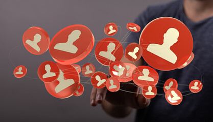 An abstract visualization of networking with red icons and connected lines symbolizing communication and relationships.