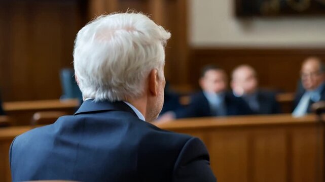 Business meeting; man in suit in courtroom; attentive listeners; stock image