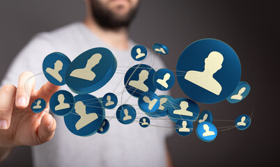 Digital network connection, man interacts with network of people, connecting business and social relationships. Man tapping 3d rendered social m