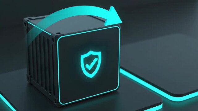 Container Security: Base Image Patched by a swap arrow sweep that dissolves a warning triangle and leaves a crisp shield-check embedded in the cube face, communicating provenance and trust.