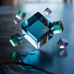 Abstract arrangement of colorful transparent cubes on a surface texture