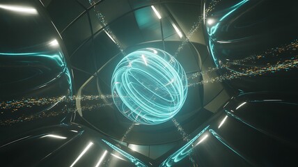 Abstract Futuristic Sphere with Glowing Lines and Dark Metallic Interior Background