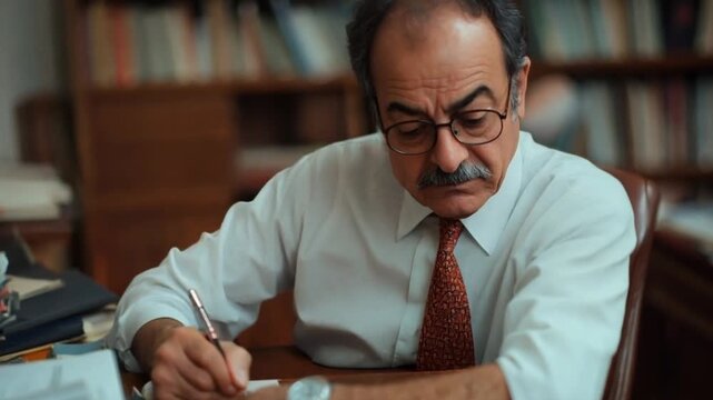 Focused businessman writing in office, documents, bookshelves background, professional use