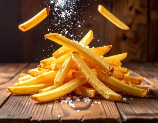 french fries on a wooden table