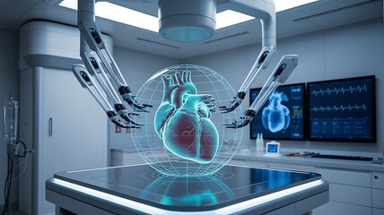 Advanced robotic surgery performing heart procedure in futuristic operating room