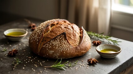Artisan sourdough bread with sesame seeds and olive oil dipping sauce