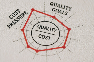 Quality cost balance concept with red line graph on paper for business goals and pressure analysis