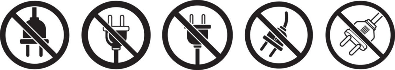 No Plug Power Symbol Set, Unplug Electricity Ban Warning Icon Vector Illustration