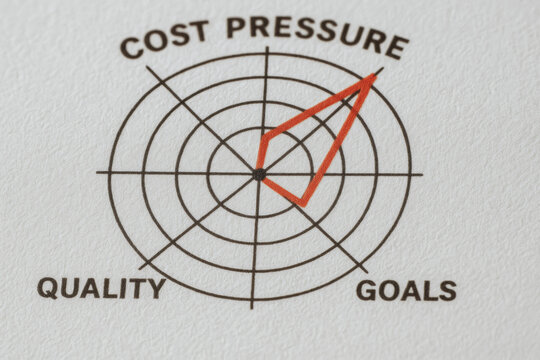 Cost pressure quality goals chart with red line showing balance and cost control for better quality and goal achievement