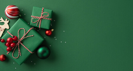 Naklejka na ściany i meble Christmas gift green poster background presents twine red ornaments festive holiday season greeting newyear decor decoration ball ornament ribbon berry pine tree