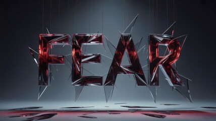 Digital artwork of FEAR made from glass shards with red and black reflections – Great for psychological themes, horror visuals, or dark fantasy design