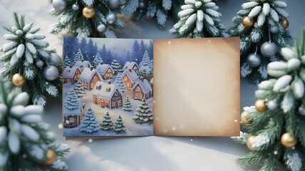 Christmas greeting card scene with snowy winter landscape and copy space