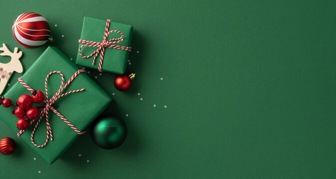 Christmas gift green poster background presents twine red ornaments festive holiday season greeting newyear decor decoration ball ornament ribbon berry pine tree