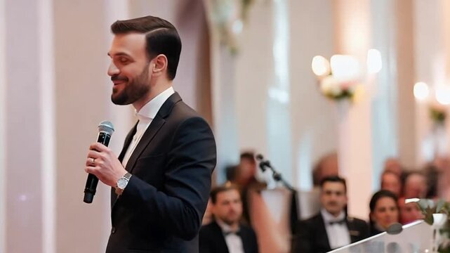 Man speaking at wedding reception, elegant setting