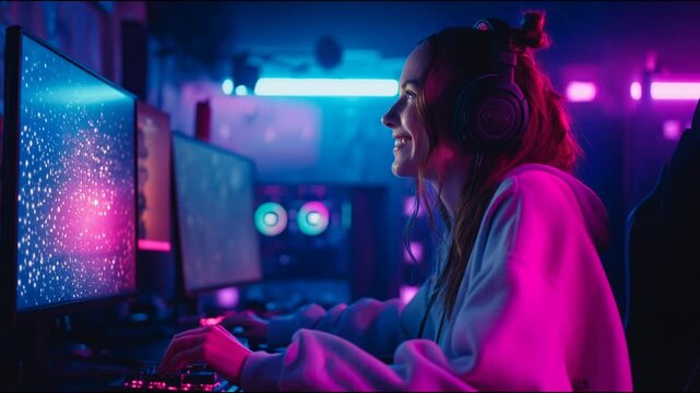 A woman is playing a video game with a smile on her face. She is wearing headphones and is sitting in front of a computer
