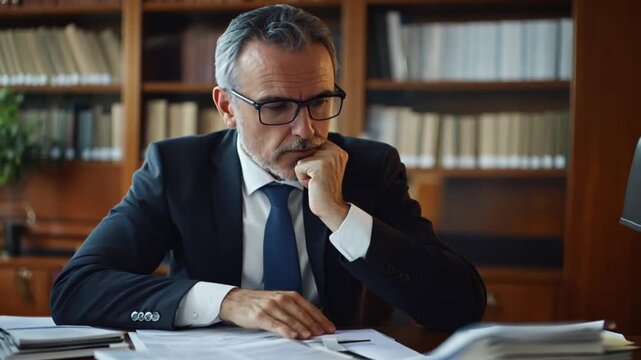 Mature man in library reviewing documents for research, potential use in educational material