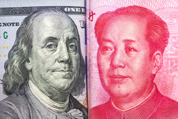 A macro perspective contrasting the US Dollar and Chinese Yuan, symbolizing the complex...