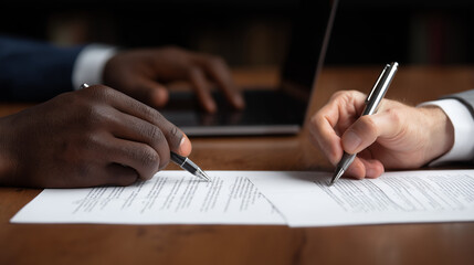 close-up of hands on a table with a young black man and a white businessman working together,