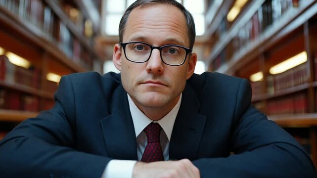 Serious businessman seated in library, focused.  Possible use Stock photo for business, education, or motivation