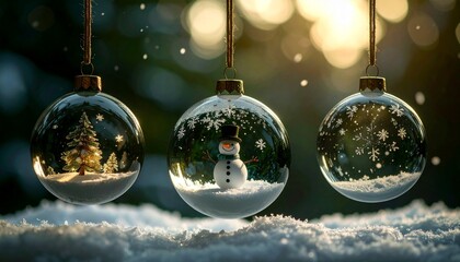 Hanging glass spheres filled with delicate winter scenes, snowmen and snowflakes inside, magical Christmas decoration photo