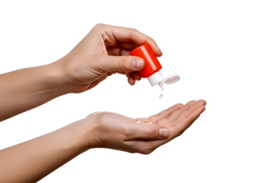 Close up of hands applying hand sanitizer from a red bottle isolated on transparent background - Powered by Adobe
