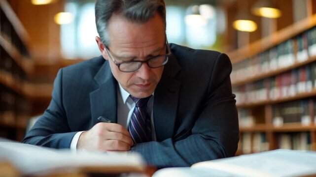 Businessman studying in a library