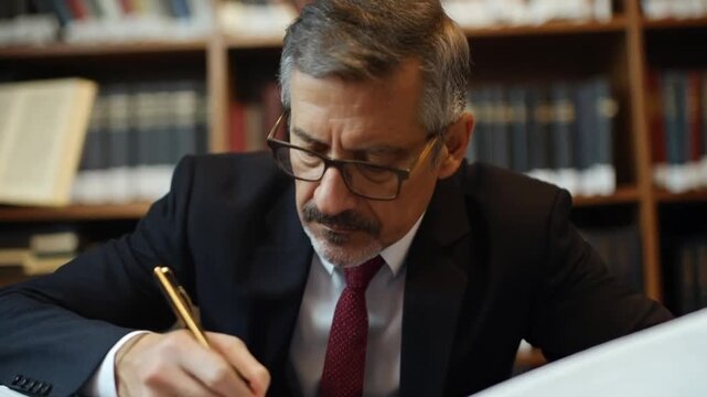 Mature man in suit writing in library, focused on documents. Possible use stock photo for business, education, or library themes