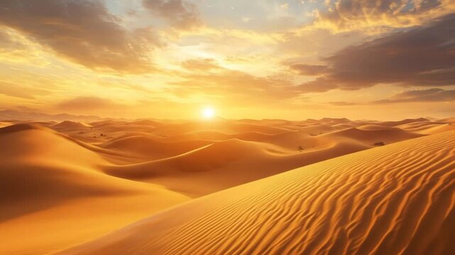 Desert landscape at sunset with sand dunes under dramatic sky