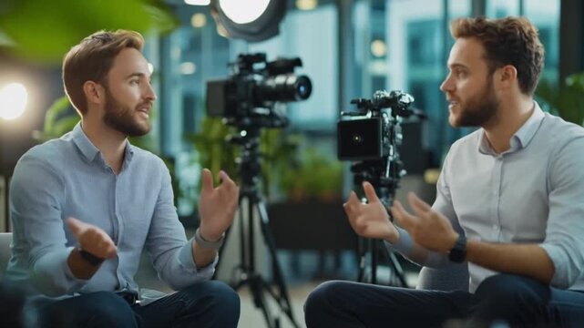 Two men in discussion, modern office, video interview setup. Possible use stock photo for business articles
