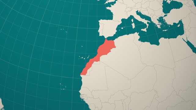 Morocco map. Animated zoom into the country on the Globe in Teal Pale Mint color palette. Country logo animation. Map with meridians, parallels. Modern video.