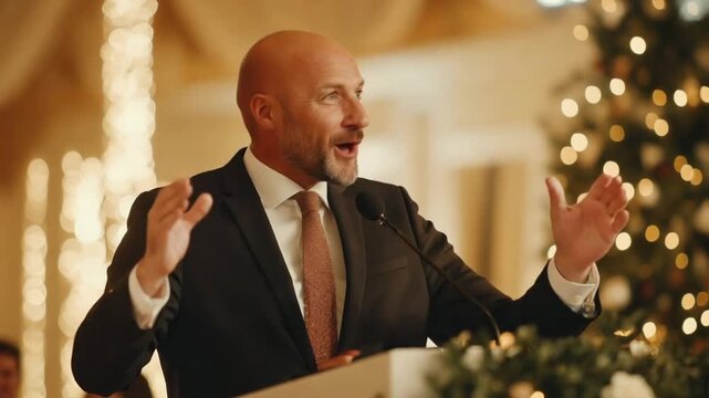 Businessman giving speech at a Christmas party