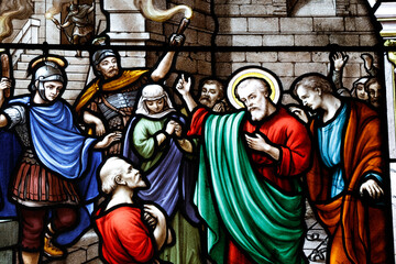 Fototapeta premium Saint Seine church. Stained glass. The life of the apostle Saint Paul. Paul traveled to many cities to teach about Jesus. Corbigny. France.