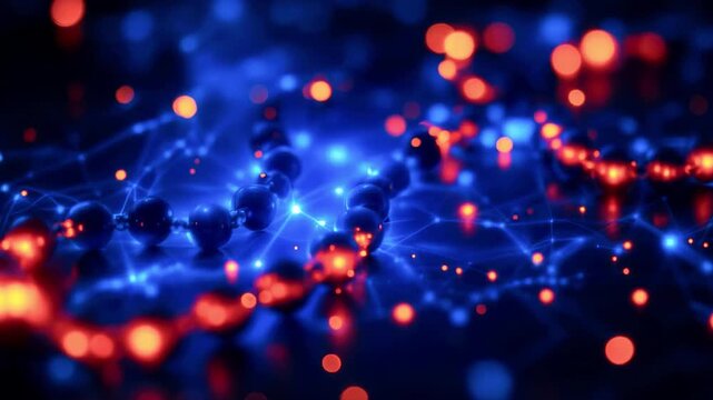 Glowing beads connected by lines and highlighted by bokeh in shades of blue and orange