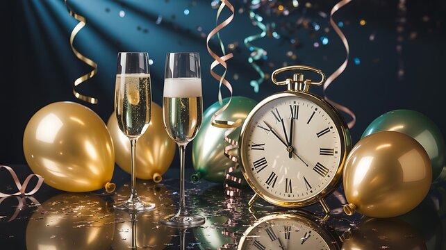 Festive New Years Eve Celebration with Champagne and Clock Countdown