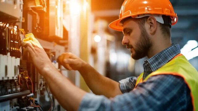 Technician repairing electrical panel, factory setting.  Possible use Industrial maintenance