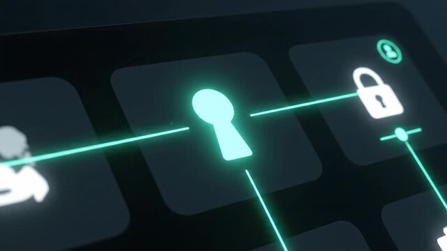 SSO Enablement: Session Established as a keyhole badge steadily lights link threads to four tiles that settle into a shared glow; a lock bead affirms unified access�simple, repeatable, brand-free.