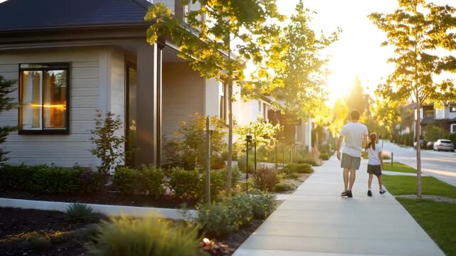 Family stroll through suburban neighborhood at sunset. Possible use for advertising housing or family lifestyle