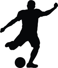 Silhouette of a soccer player kicking a ball isolated on white background, capturing the action and skill of the sport in black and white