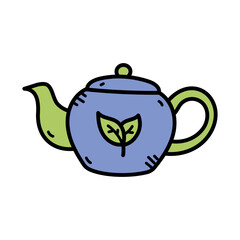 Hand drawn blue teapot with green handle and lid featuring a green leaf emblem on a transparent background representing brewing hot beverages and organic tea preparation