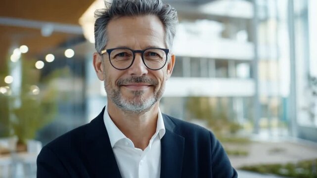 Businessman portrait in modern office, confident smile, professional