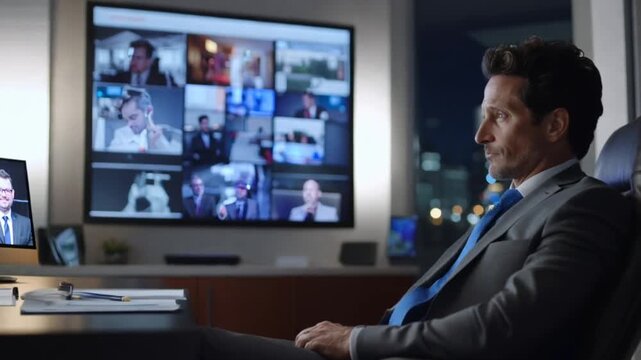 Businessman in modern office, reviewing multiple video feeds, analyzing data, potential use for business strategy
